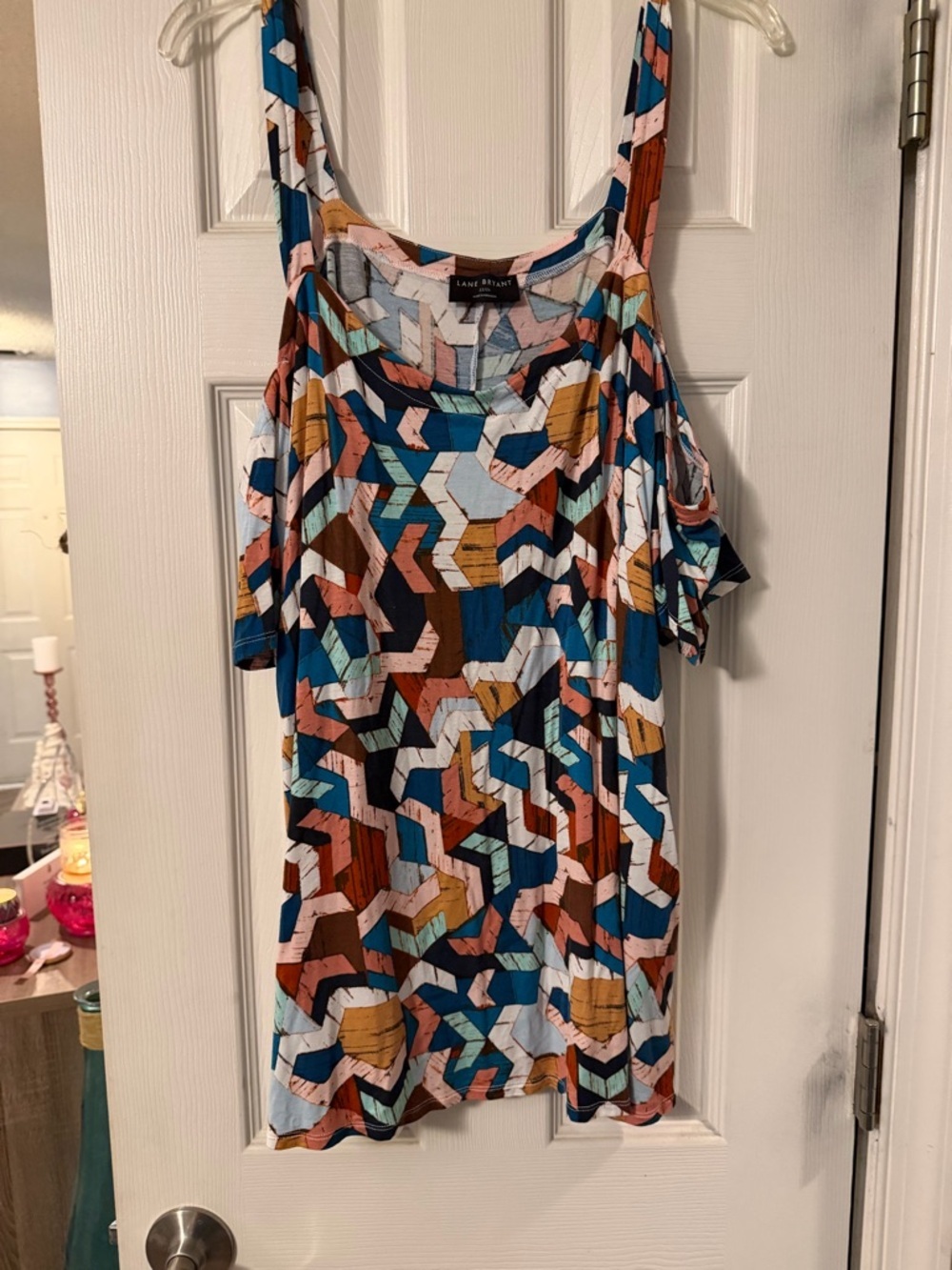 Lane Bryant Multicolor Geometric Cold-Shoulder Top